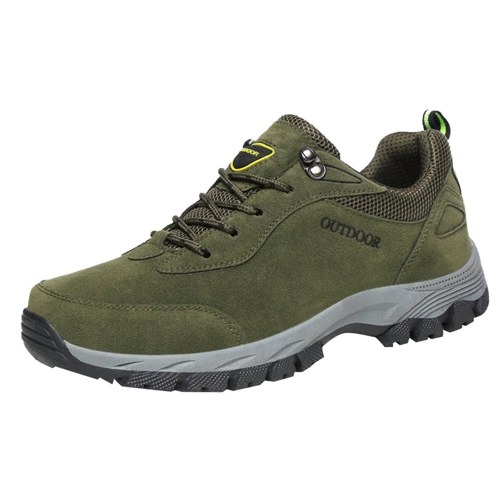Mens Outdoor Hiking Shoes Olive Green Faux Suede Trail Walking Sneakers Low Top
